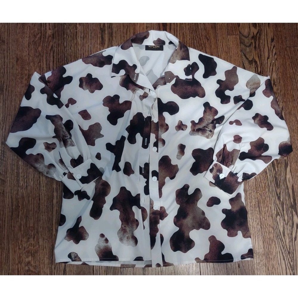 Nylon Apparel Cow Print Button Down Shirt Women's Small Oversized Made in USA